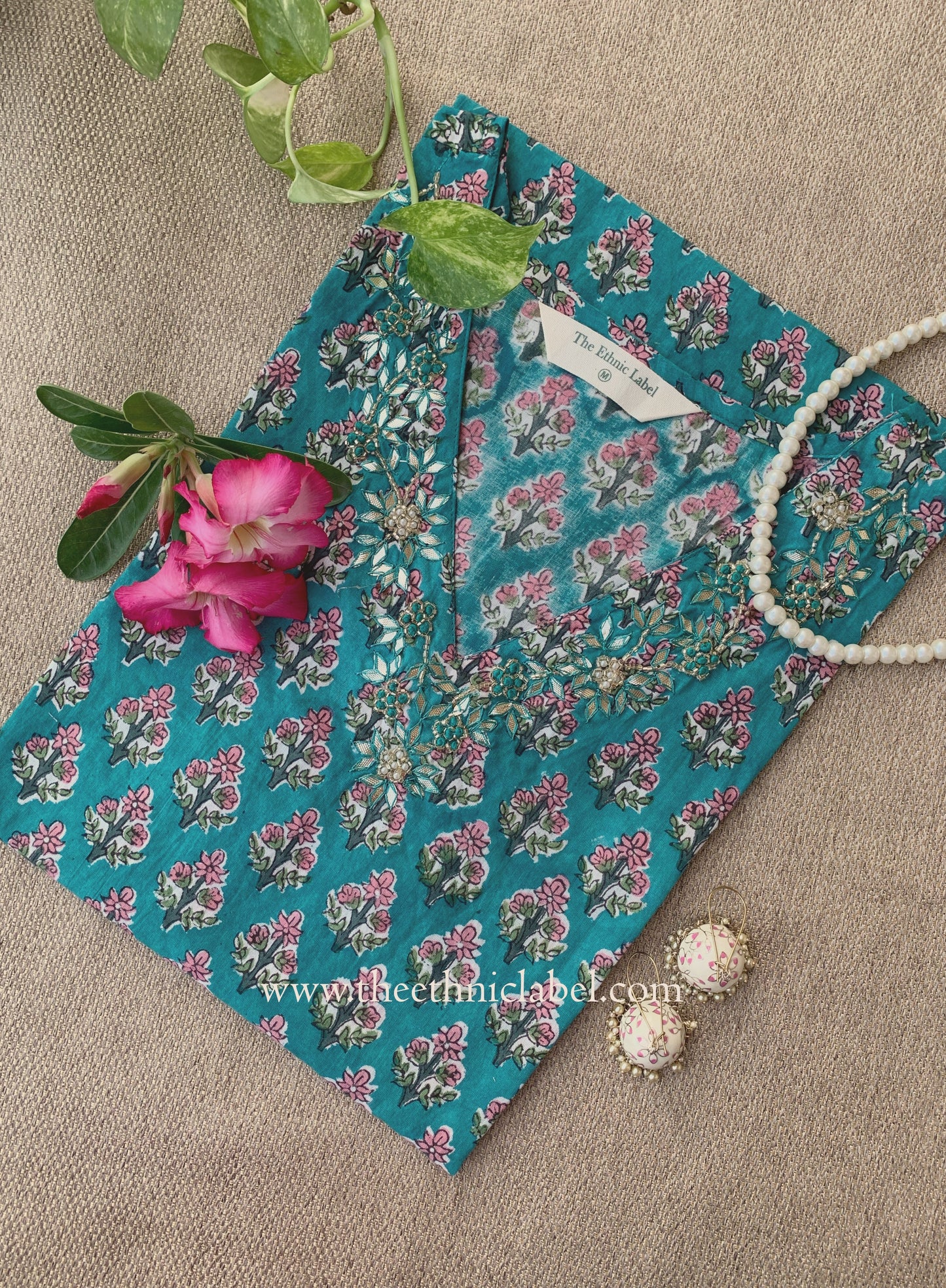 "Zevar" Hand Embroidered Block Printed Blue Cotton kurta