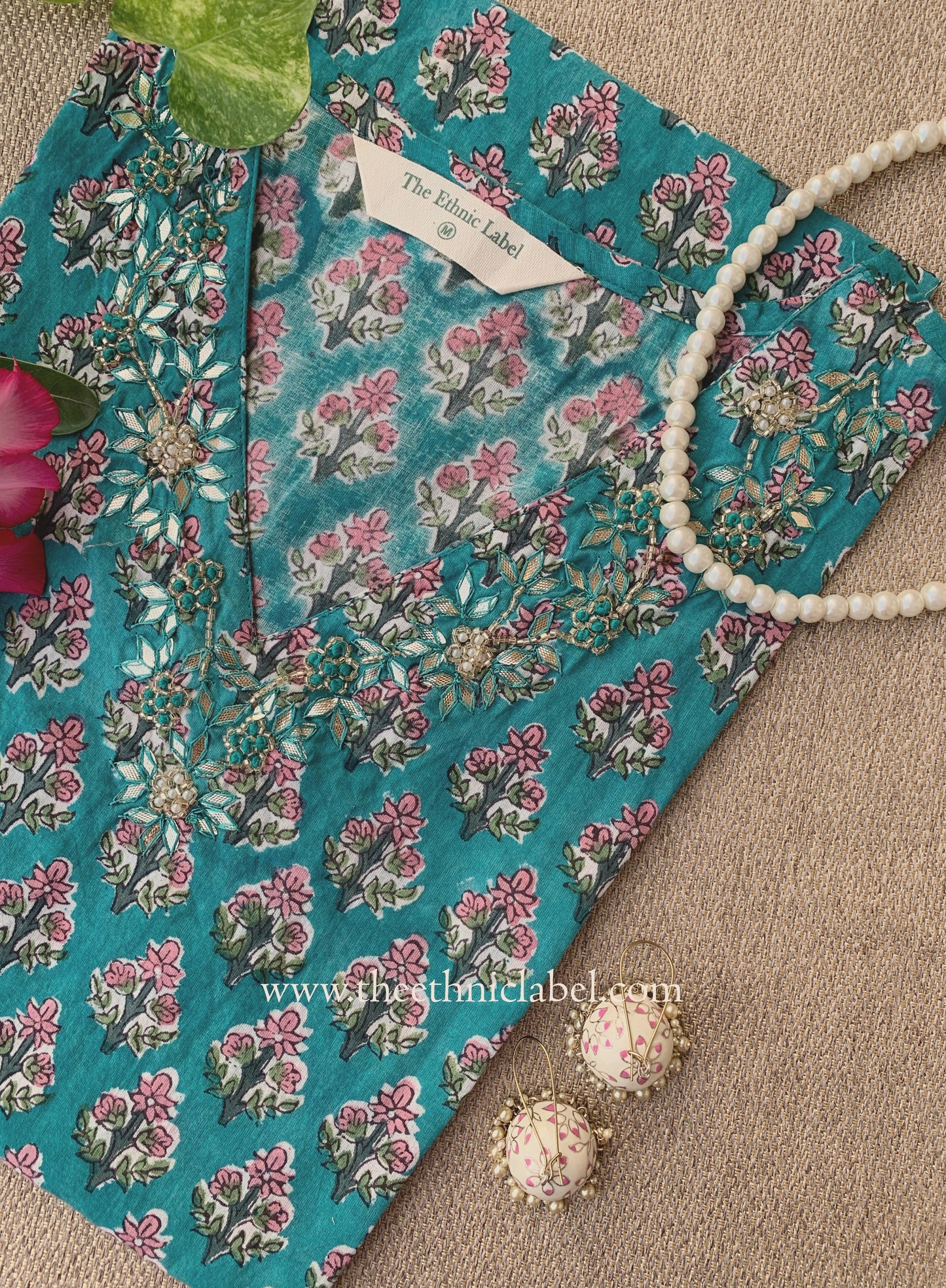 "Zevar" Hand Embroidered Block Printed Blue Cotton kurta