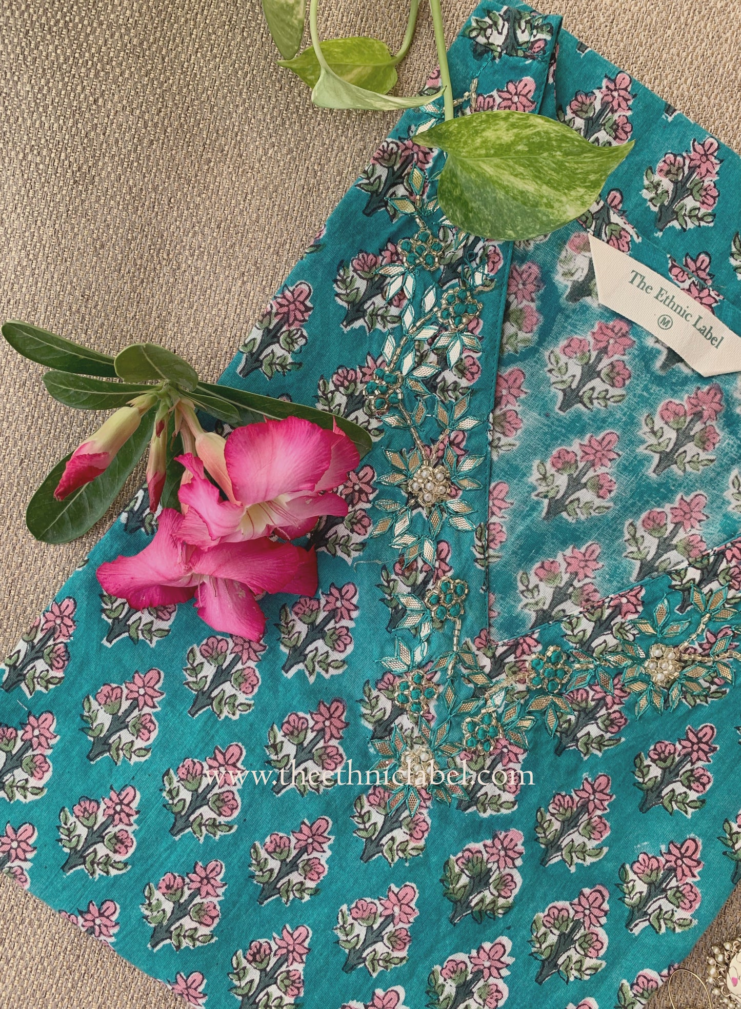 "Zevar" Hand Embroidered Block Printed Blue Cotton kurta