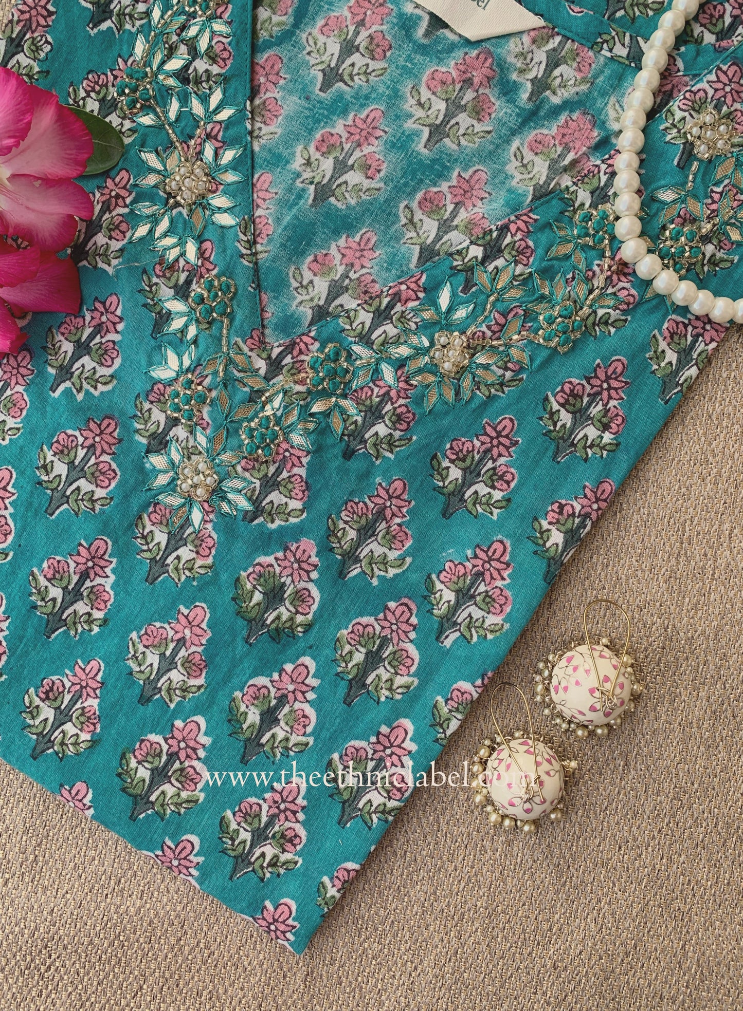 "Zevar" Hand Embroidered Block Printed Blue Cotton kurta